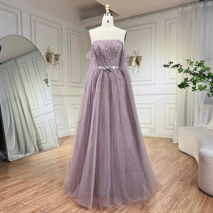 Luxury Black A Line Beaded Evening Dress with Cape Sleeves LA71824
