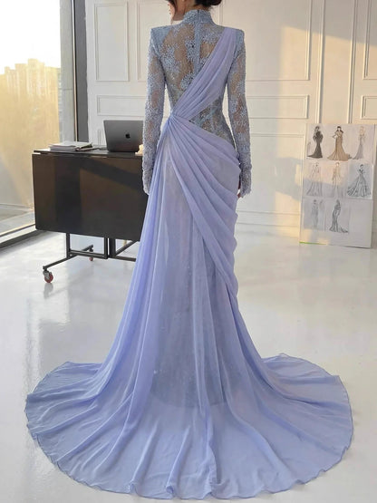Luxury Lilac High Neck Long Sleeves Beaded Mermaid Evening Dress LA73407