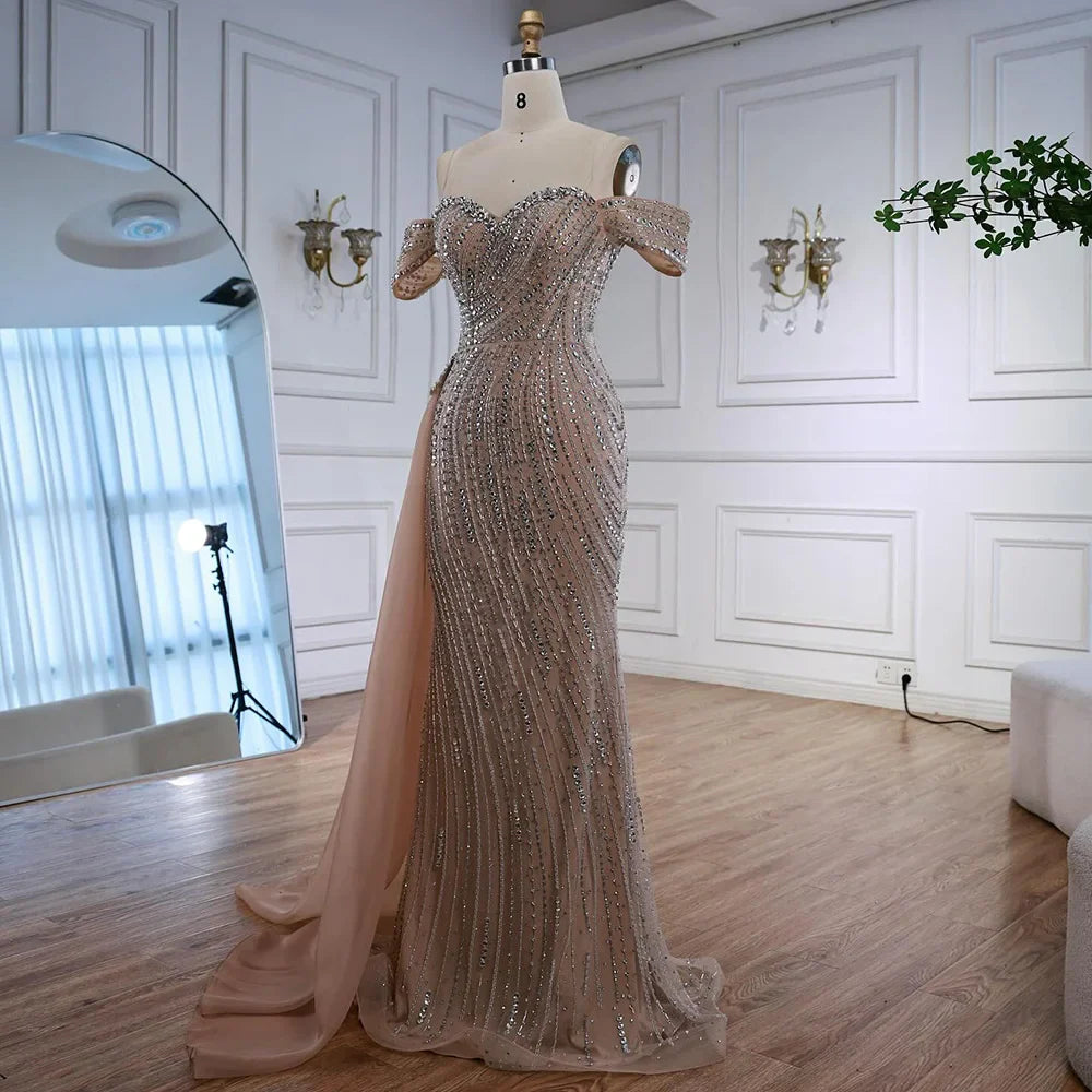 Nude Luxury Beaded Mermaid Evening Dresses With Overskirt Gown For Formal Occasion LA72911