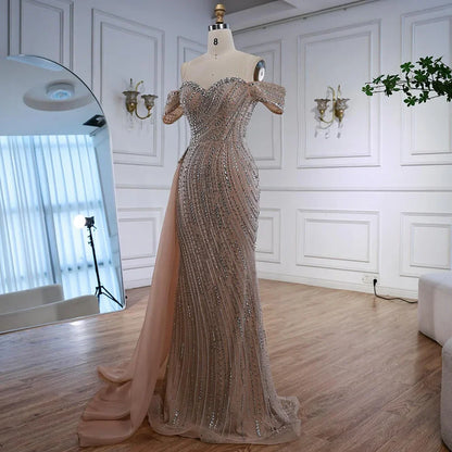 Nude Luxury Beaded Mermaid Evening Dresses With Overskirt Gown For Formal Occasion LA72911