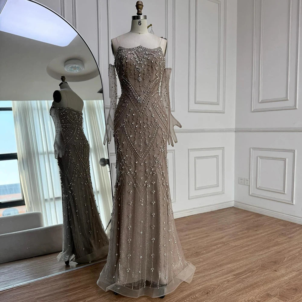 Luxury Caramel Crystal Beaded Mermaid Evening Gown with Gloves LA73186