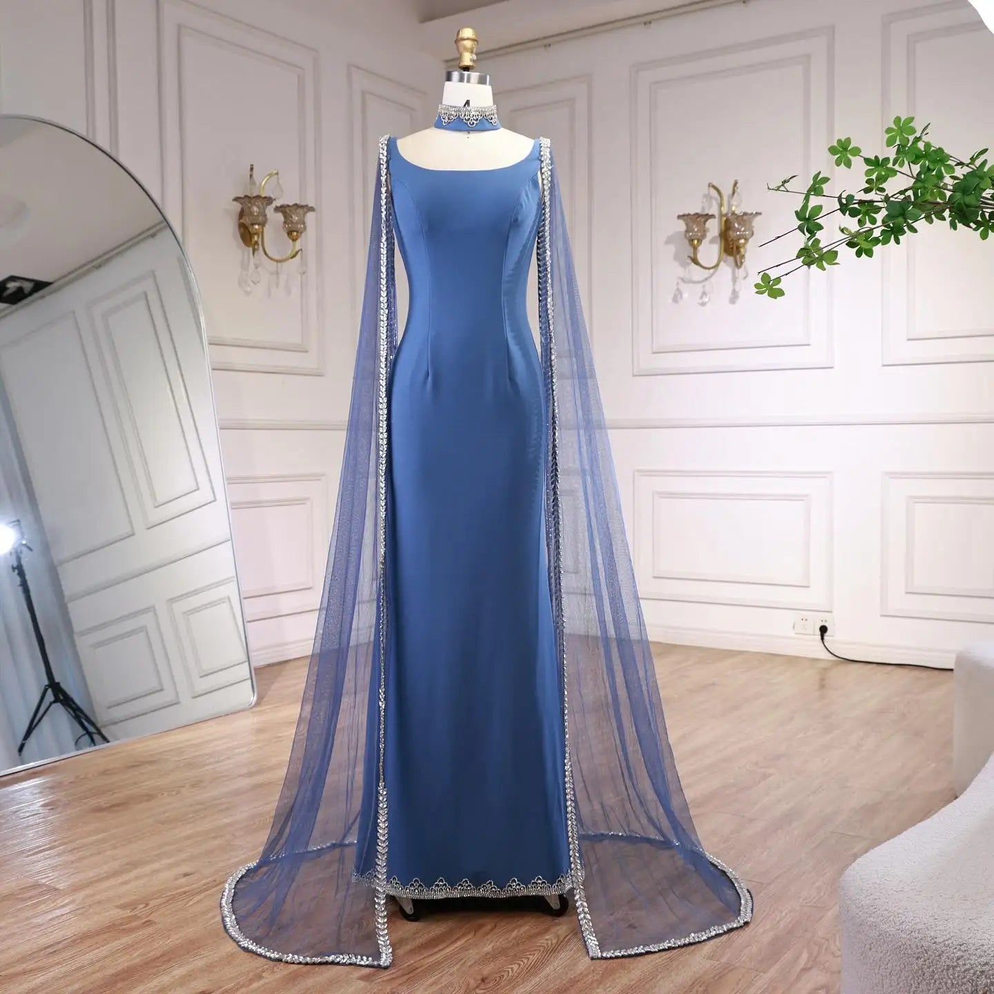 Luxury Blue Mermaid Beaded Evening Dress with Cape Sleeves LA72086