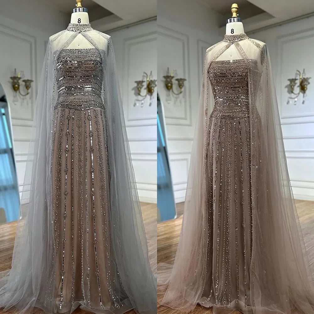 Luxury Caramel A-Line Beaded Evening Dress for Dubai Occasion LA72873