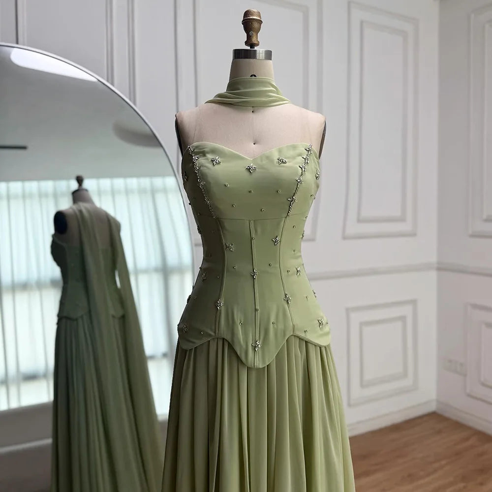 Elegant Sage Green Strapless A-Line Chiffon Evening Dress LA73073