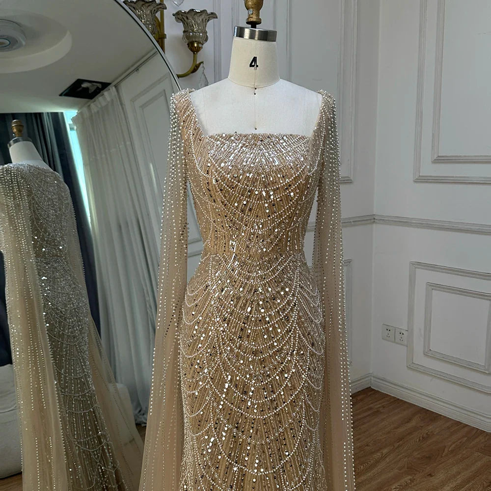 Luxury Turquoise Pearl Arabic Mermaid Evening Dress with Cape Sleeves LA72590A