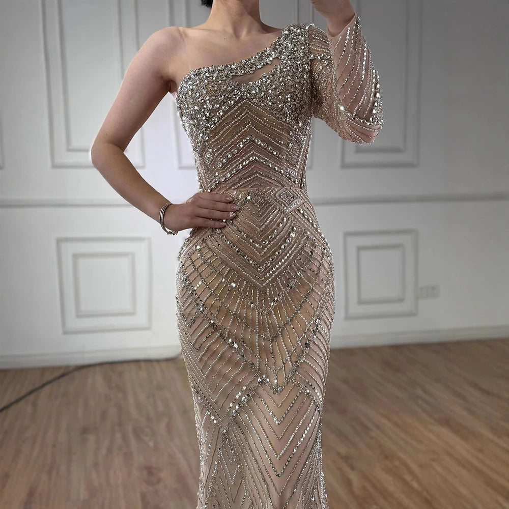 Luxury Nude One Shoulder Long Sleeve Beaded Evening Dress LA73180
