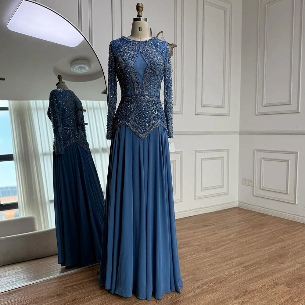 Luxury Designer  Blue Beaded Evening Dress with Long Sleeves LA72962