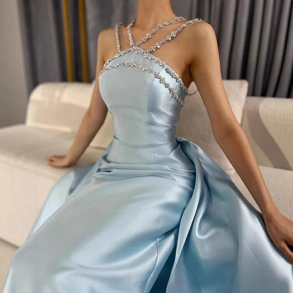 Elegant Light Blue Satin Arabic Evening Dress with Overskirt LA72524