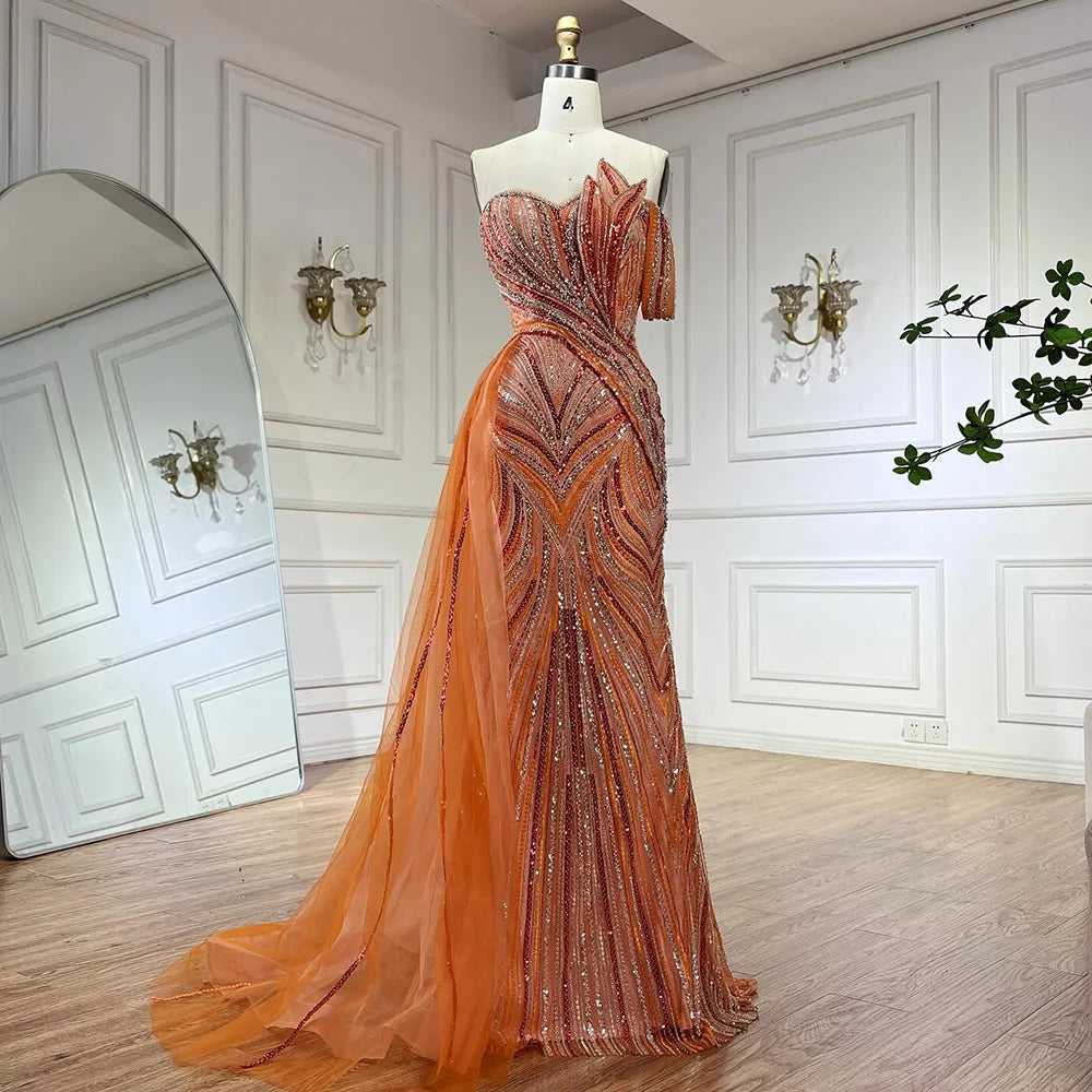 Luxury Dubai  Arabic Blue One Shoulder Luxury Dubai Evening Gown with Side Overskirt Beaded Dress LA72662