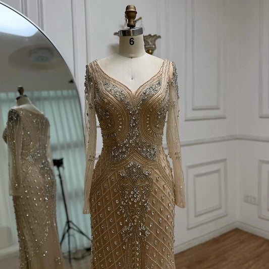 Luxury Nude Long Sleeve Beaded Mermaid Evening Dress LA73155