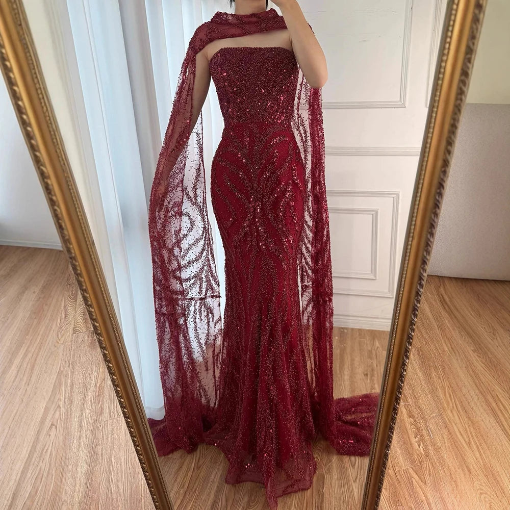 Luxury Nude Mermaid Evening Dress with Cape Sleeves LA72824