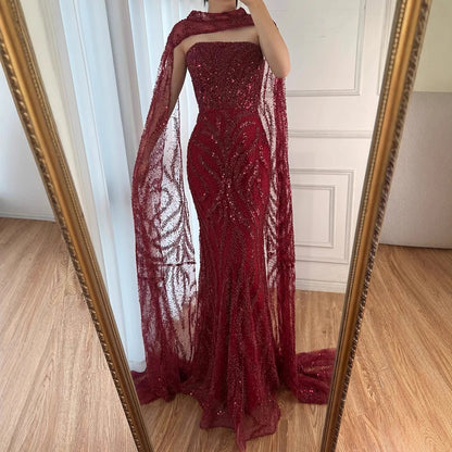 Luxury Nude Mermaid Evening Dress with Cape Sleeves LA72824