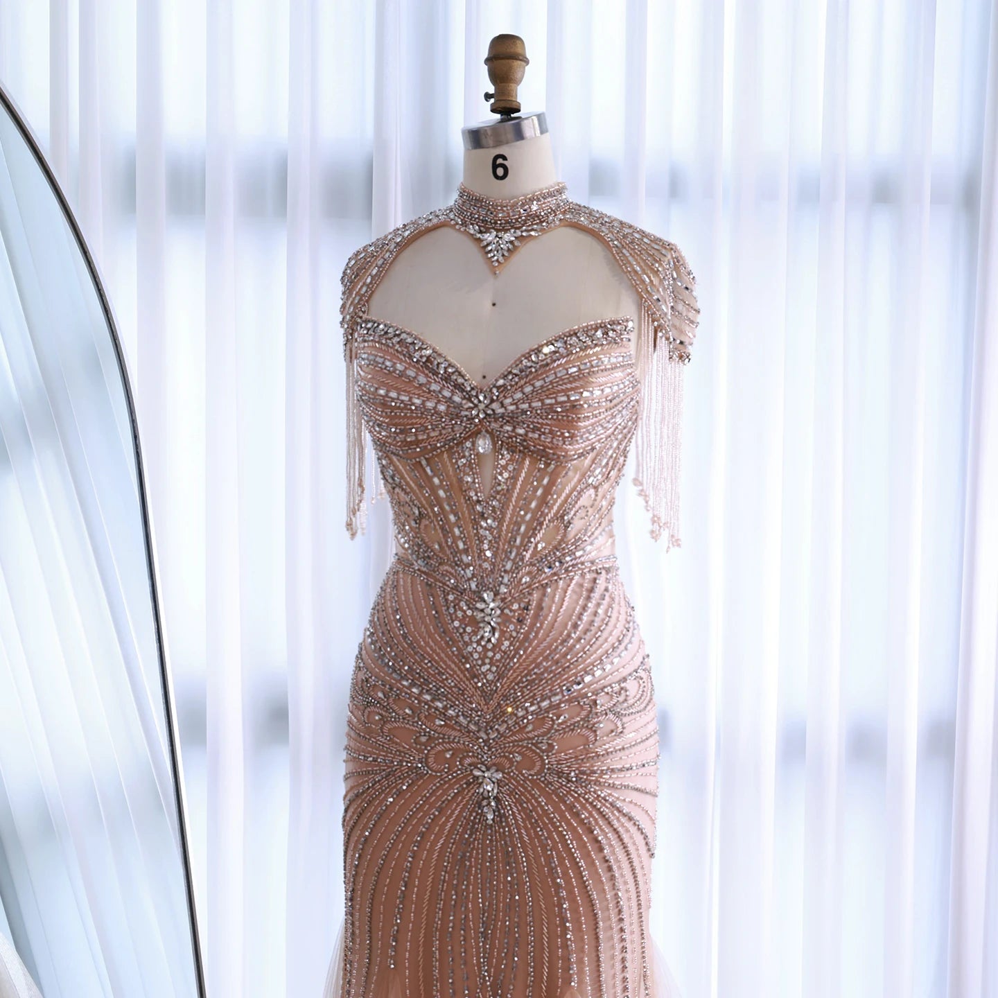 Luxury Dubai Beaded Blue Pink Evening Dress with Tassel Cape LA72897B