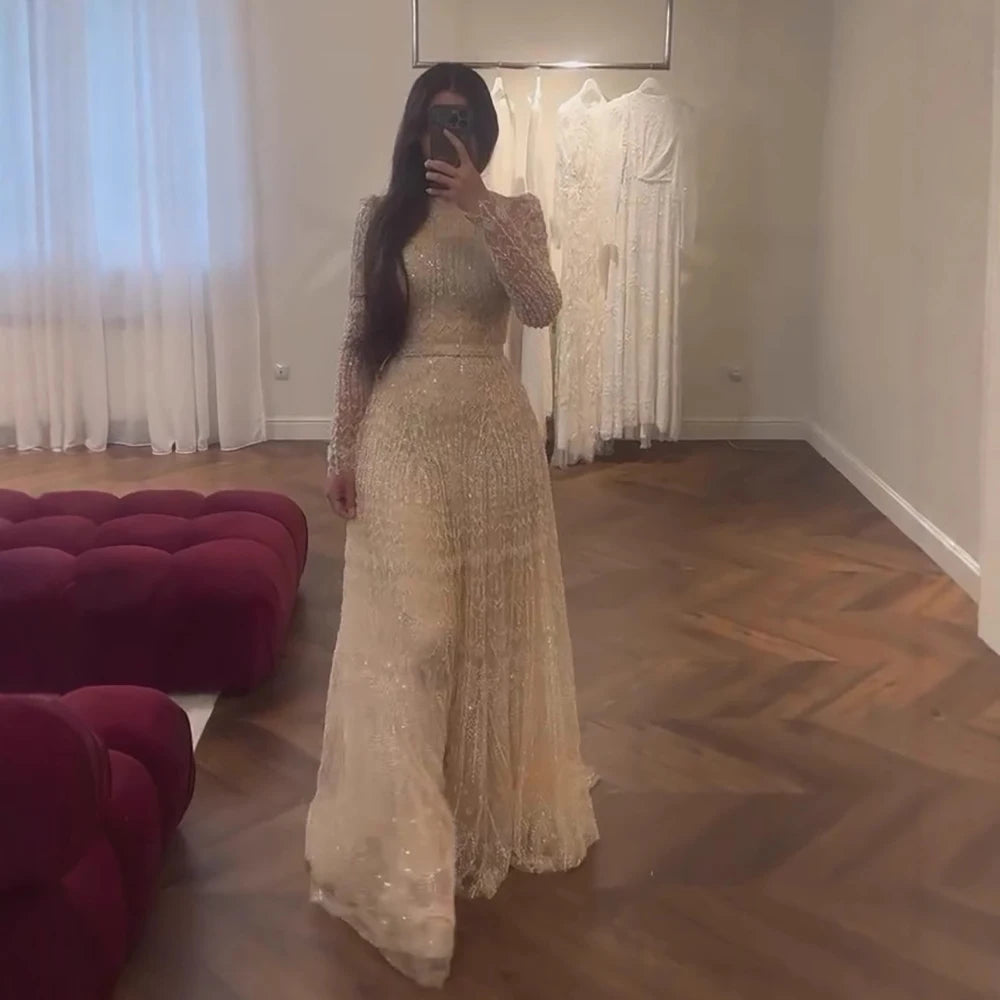 Luxury Nude A-Line Pearls Beaded Evening Dress LA73174