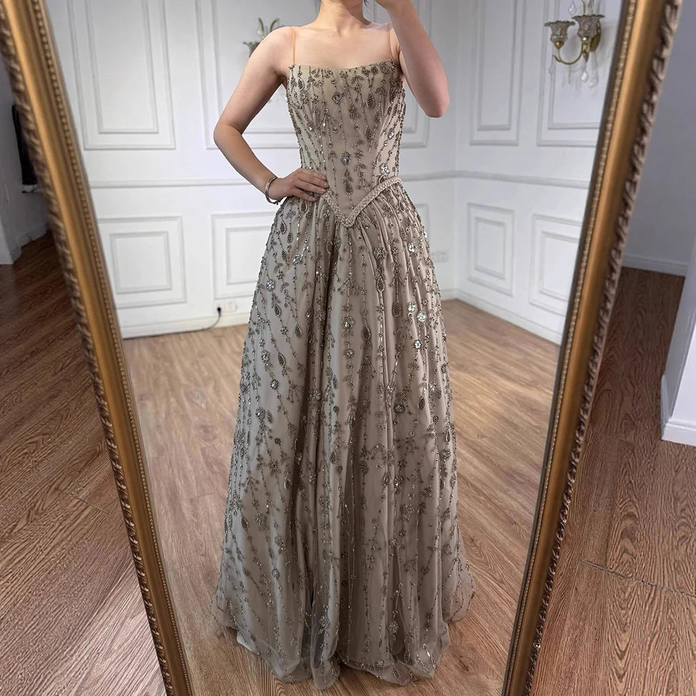 Luxury Sage Green Beaded A Line Spaghetti Strap Evening Dresses Gown LA72805