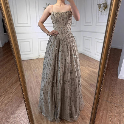 Luxury Sage Green Beaded A Line Spaghetti Strap Evening Dresses Gown LA72805