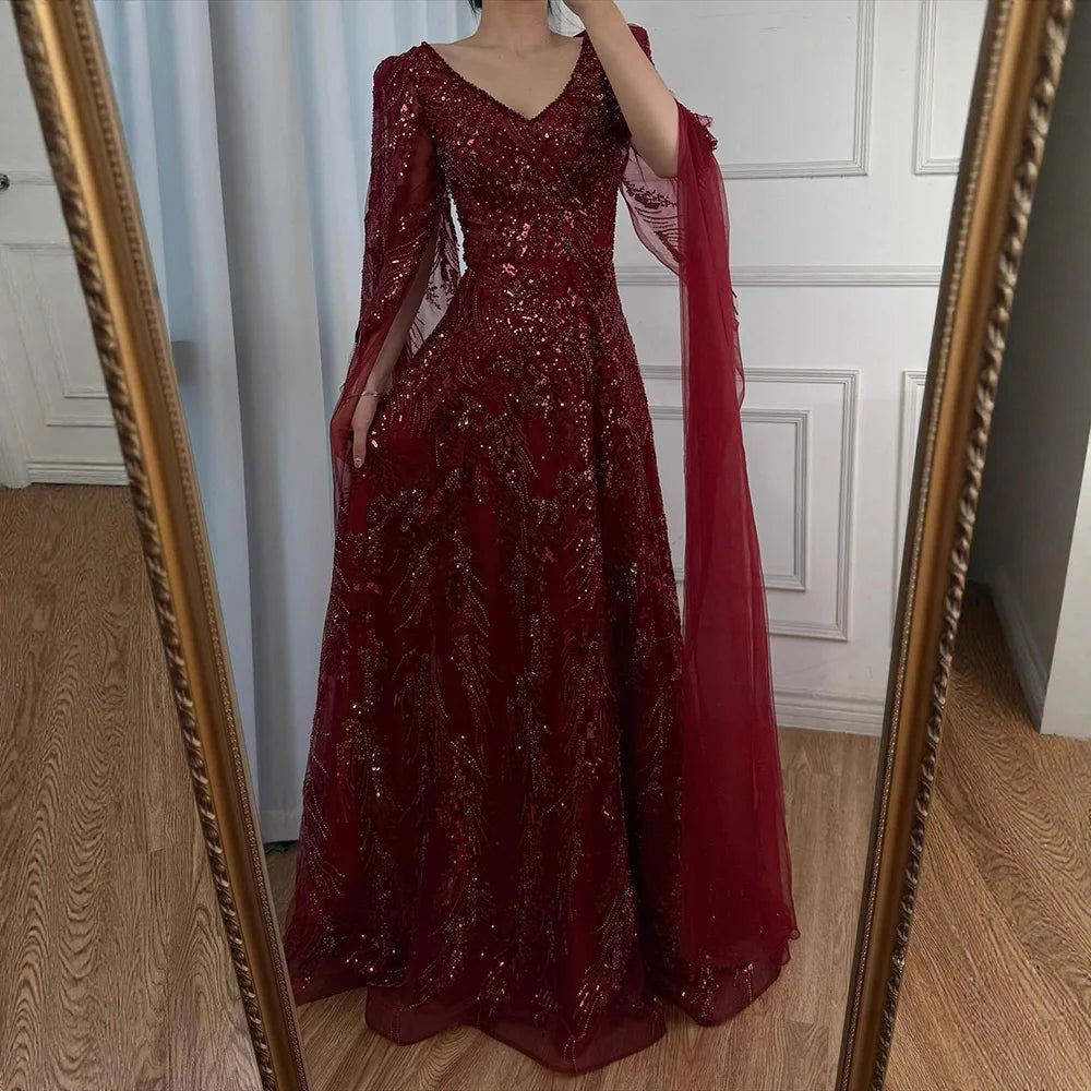 Luxury Wine Red A-Line Luxury Beaded Evening Dress with Cape LA73127