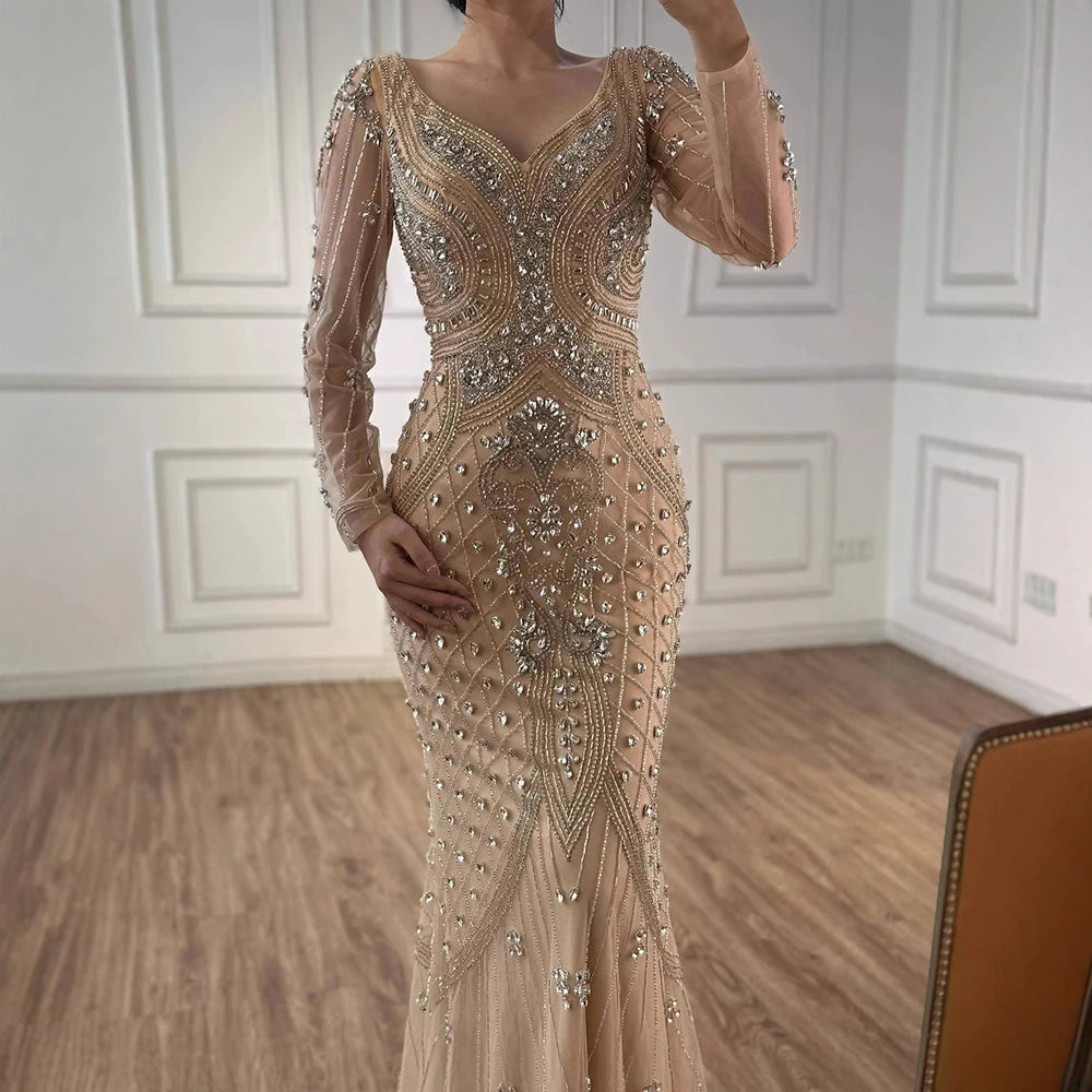 Luxury Nude Long Sleeve Beaded Mermaid Evening Dress LA73155