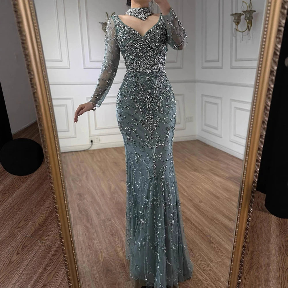 Luxury Caramel Beaded Crystal Mermaid Evening Dress Long Sleeves LA73042B