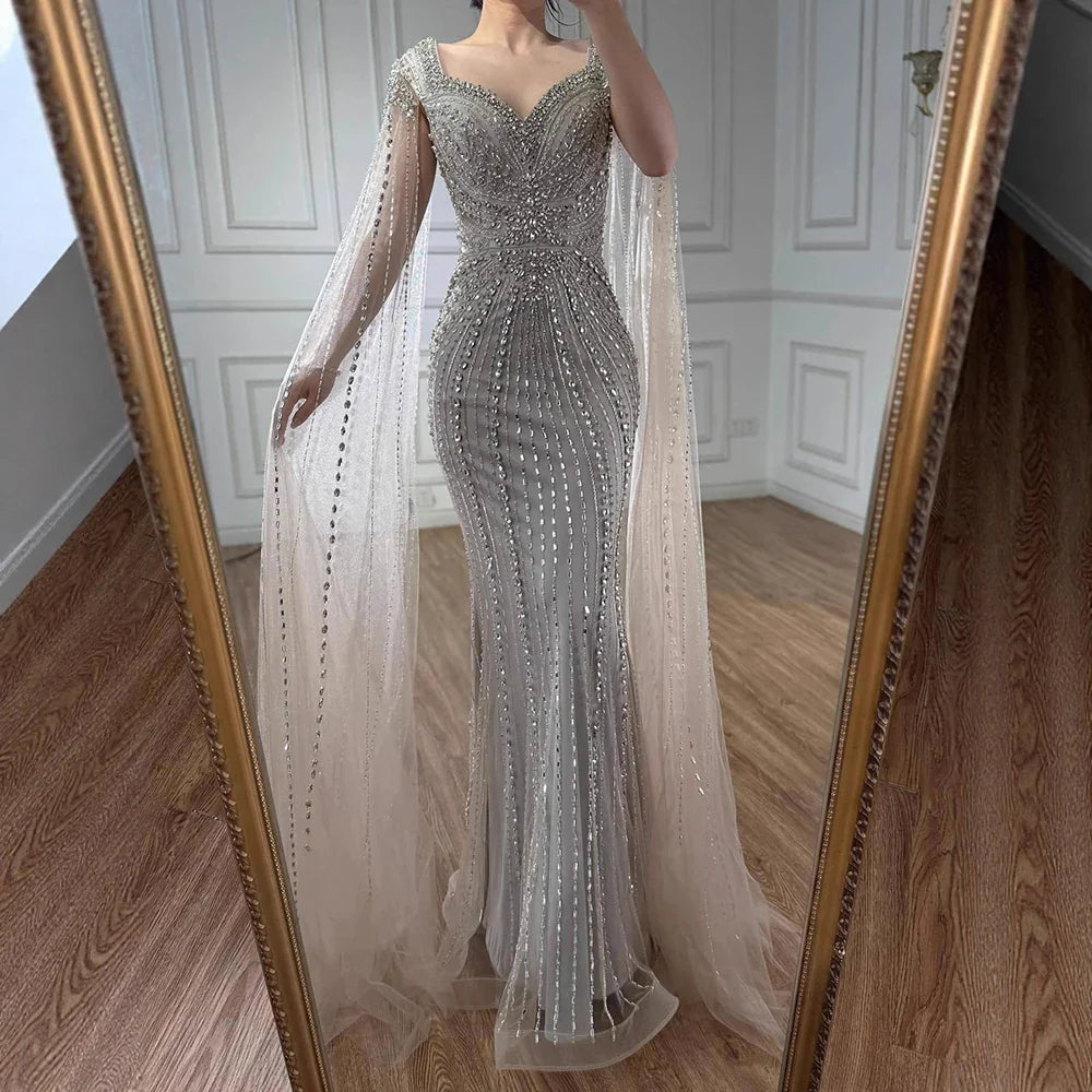 Luxury Arabic Nude Beaded Evening Dress with Cape Sleeves LA73181