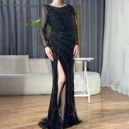Serene Hill Silver Nude Mermaid Elegant High Spli Evening Dresses Gowns Luxury Beaded 2025 For Women Party LA70752L