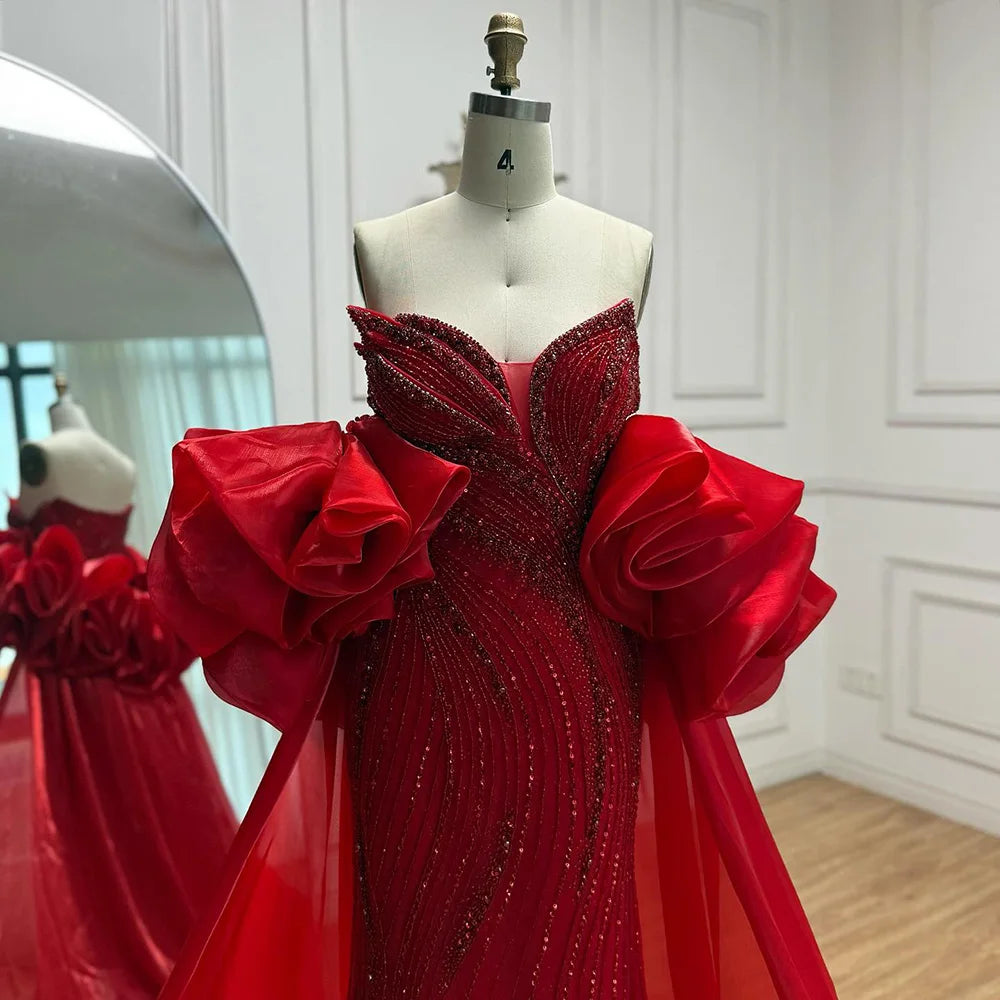 Luxury Red Strapless Mermaid Evening Dress with Cape LA72896
