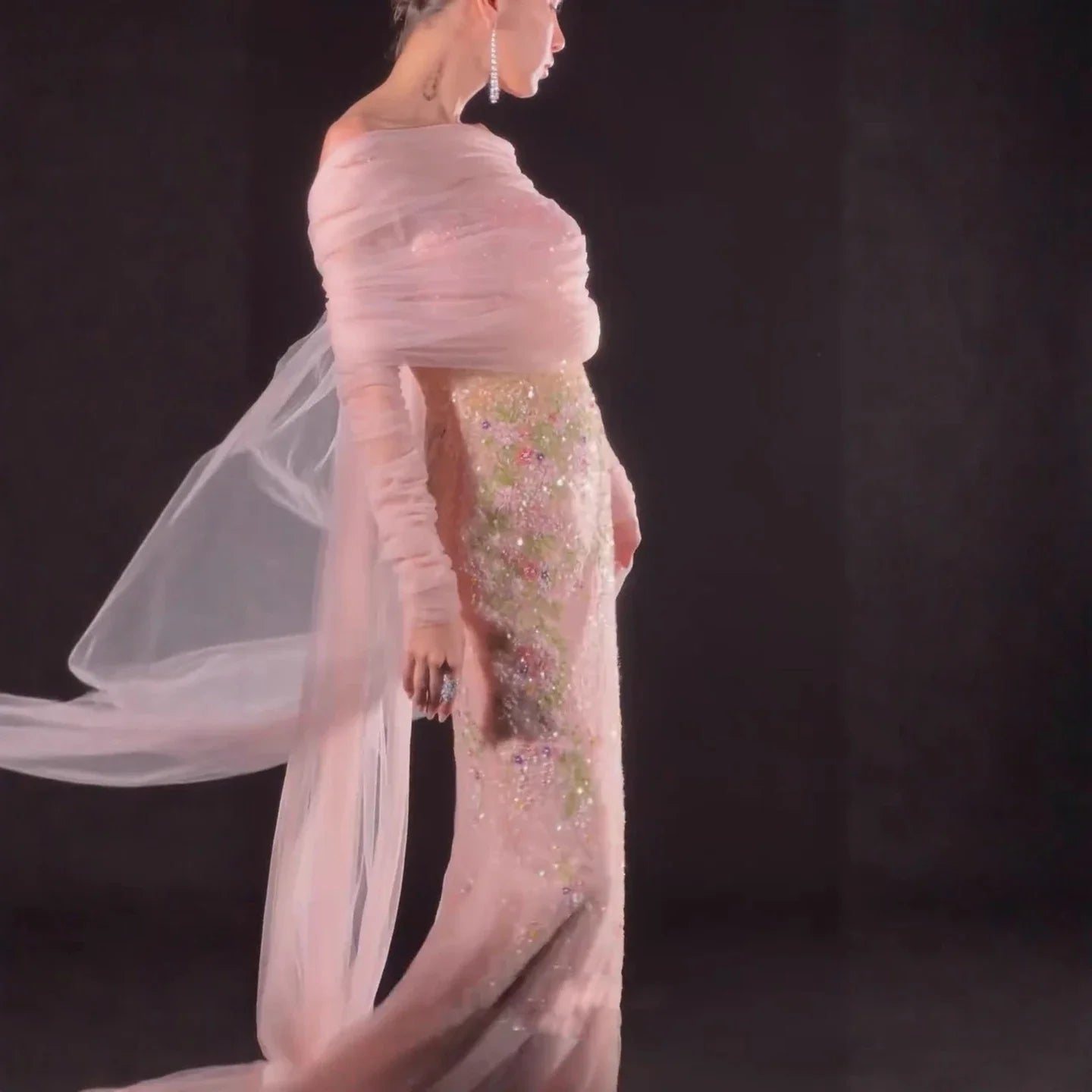 Luxury Pink Beaded Mermaid Evening Dress with Sheer Cape LA73346