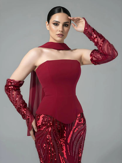 Luxury Wine Red Mermaid Evening Dress With Gloves LA73050E