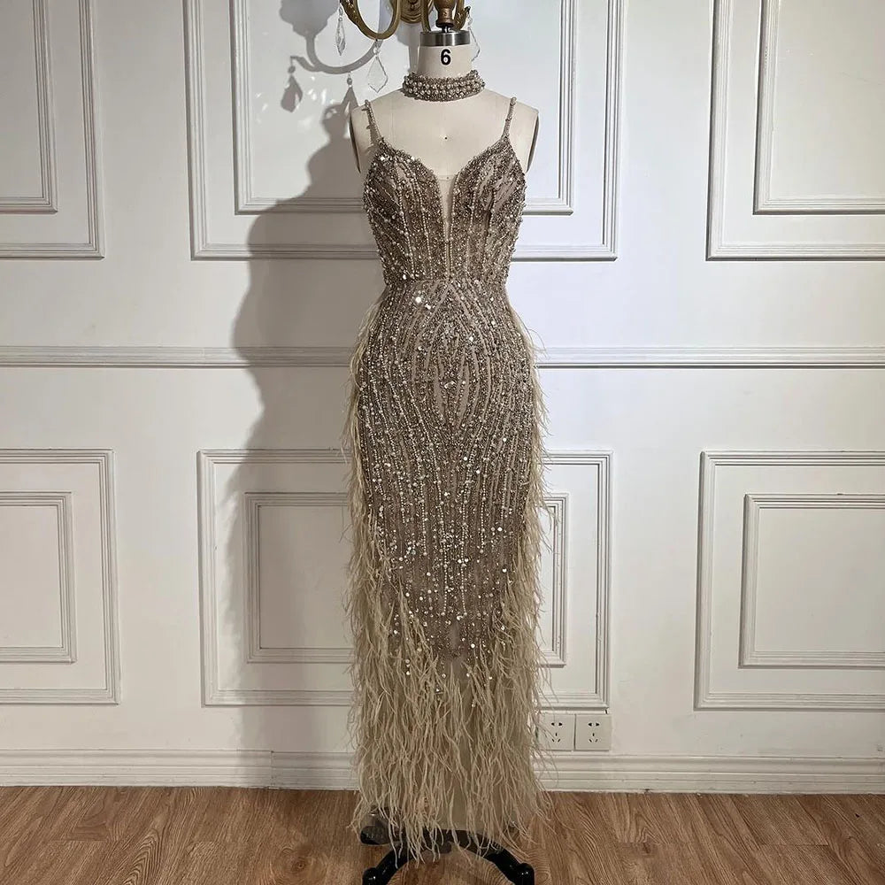 Luxury White Nude Mermaid Spaghetti Strap Beaded Feather Evening Dress LA72047