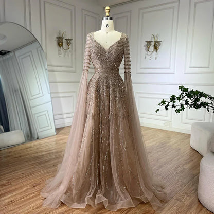 Luxury Dubai  Arabic Caramel Elegant A-Line Beaded Long Evening Dresses Gowns with Cape Sleeves for Formal Occasion LA72750