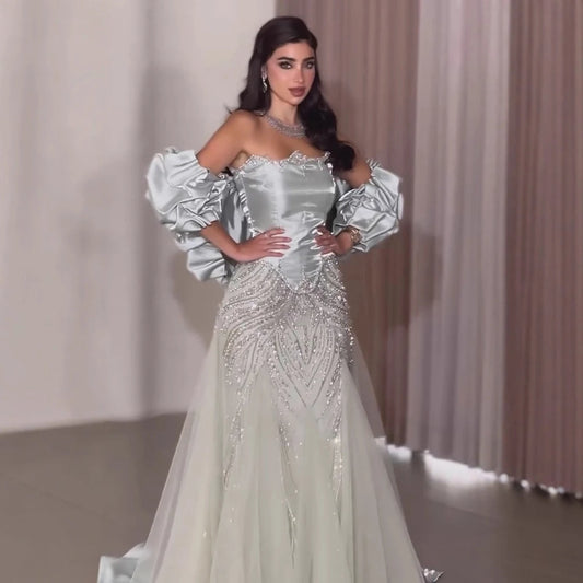 Luxury Sage Green Beaded Mermaid Evening Dress with Balloon Sleeves LA73201