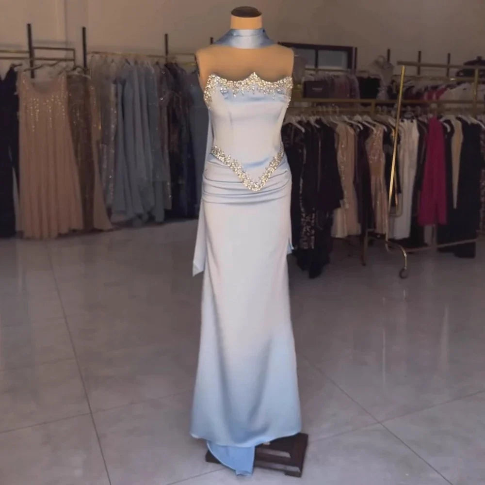 Luxury Blue Mermaid Crystal Beaded Satin Evening Dress LA73175