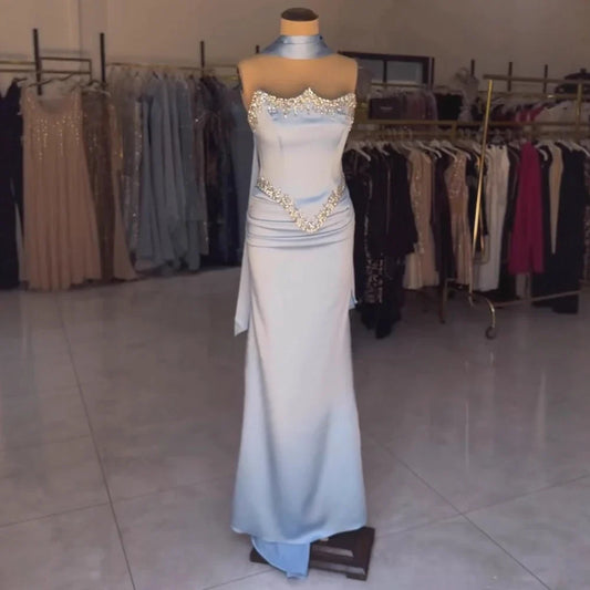 Luxury Blue Mermaid Crystal Beaded Satin Evening Dress LA73175