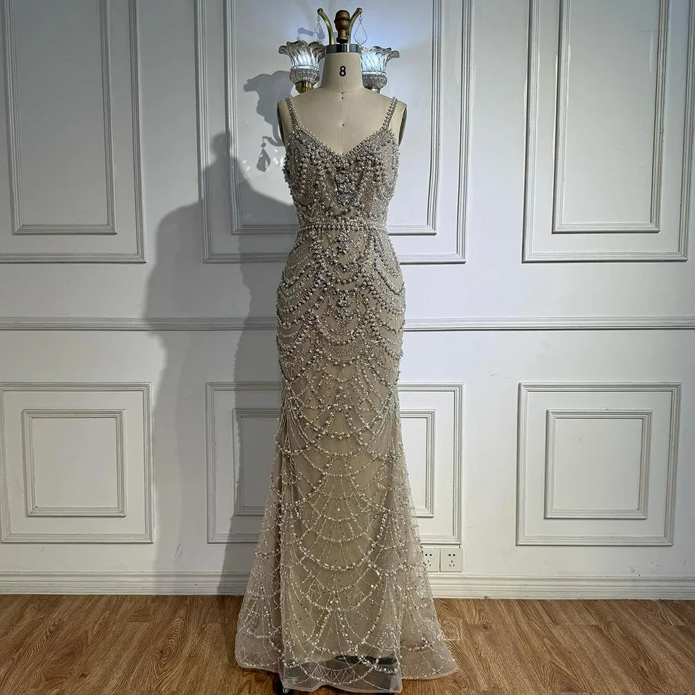 Nude Beaded Mermaid Evening Dress with Pearls LA72986A