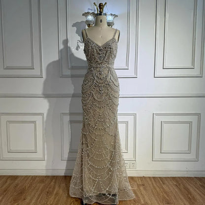 Nude Beaded Mermaid Evening Dress with Pearls LA72986A