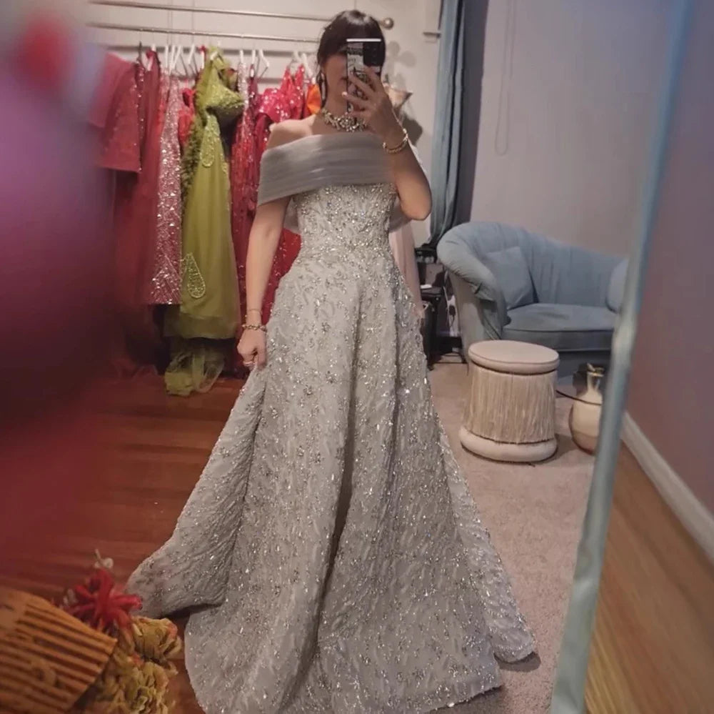 Glamorous Silver Gray Off Shoulder Beaded A-Line Evening Dress LA73062