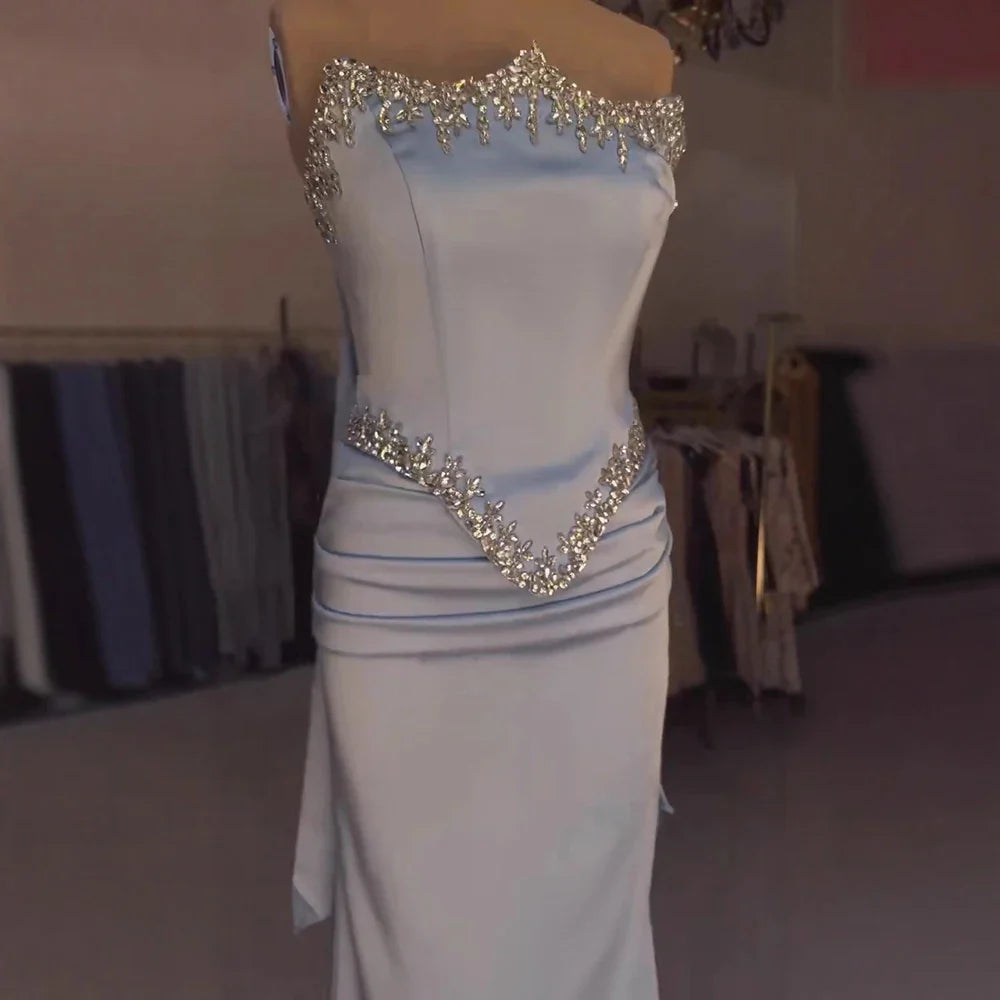 Luxury Blue Mermaid Crystal Beaded Satin Evening Dress LA73175