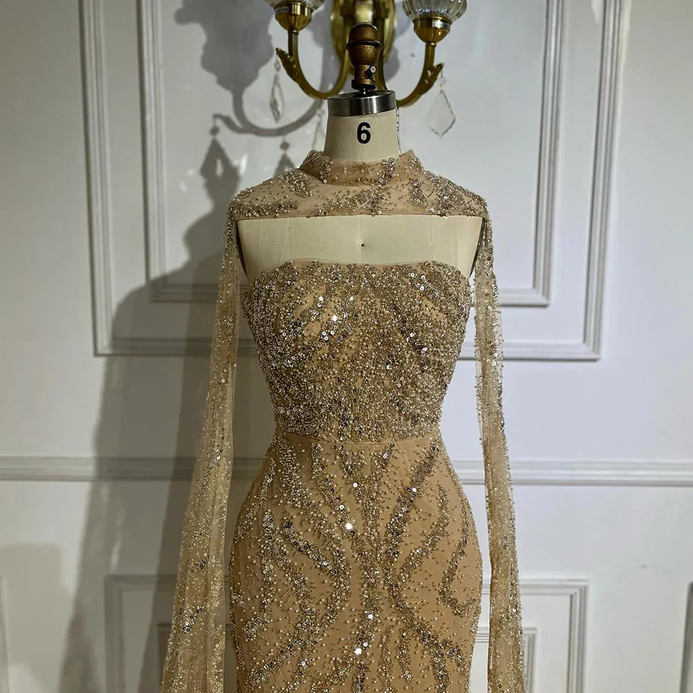 Luxury Nude Mermaid Evening Dress with Cape Sleeves LA72824