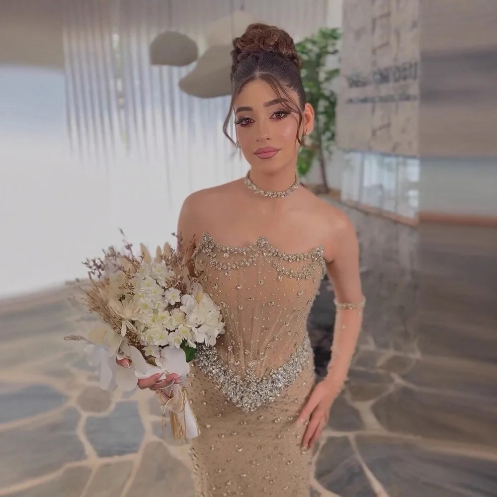 Luxury Nude Strapless Crystal Beaded Mermaid Evening Gown with Gloves LA73138