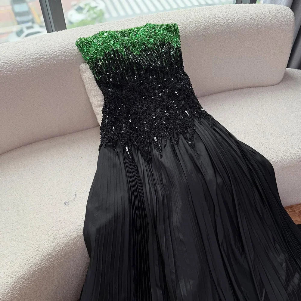 Luxury Beaded Black Green Strapless Dubai Evening Dress for Party LA72406