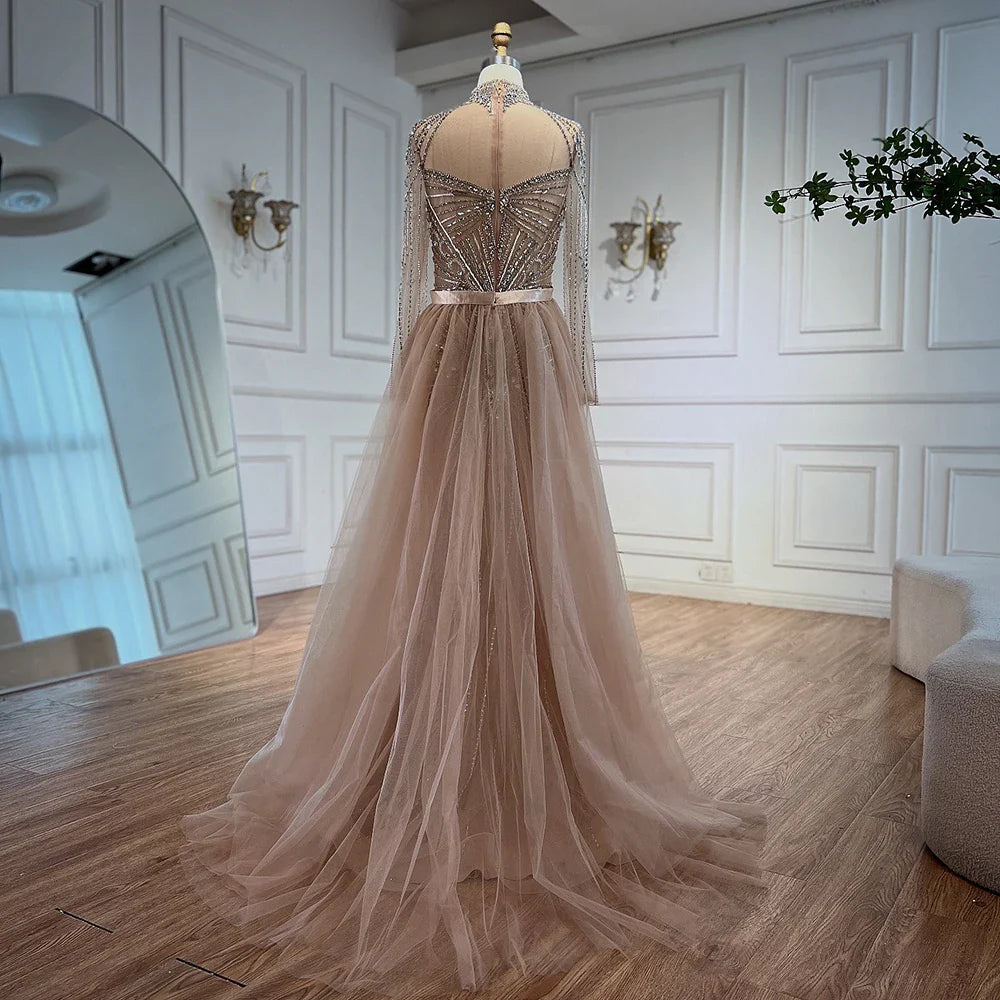 Luxury Nude Beaded Evening Dress with Detachable Overskirt LA72990