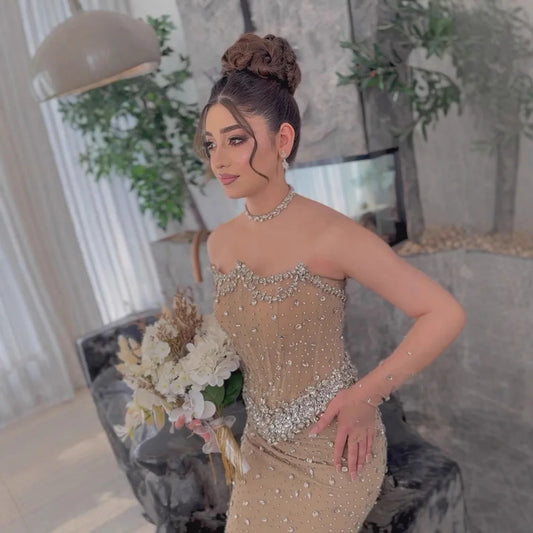 Luxury Nude Strapless Crystal Beaded Mermaid Evening Gown with Gloves LA73138