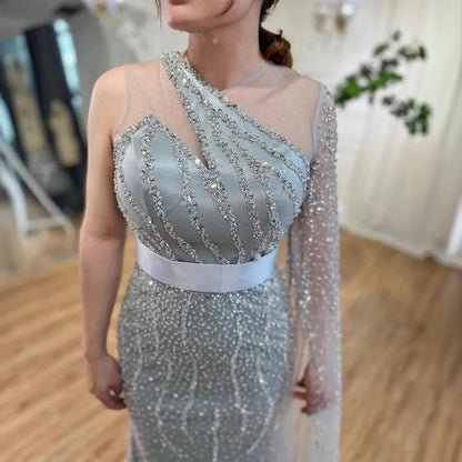 Elegant Nude One Shoulder Feather Beaded Mermaid Evening Dress LA71096
