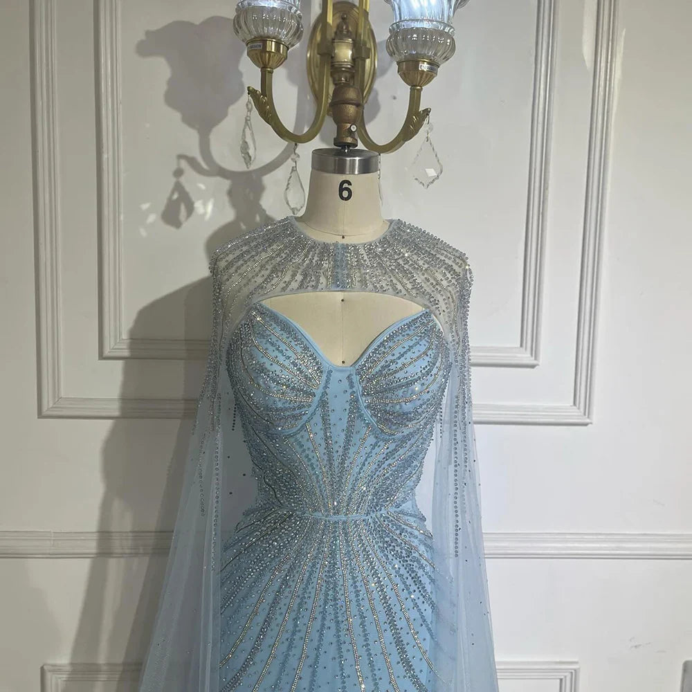 Luxury Blue Beaded Evening Gown with Detachable Cape LA72784