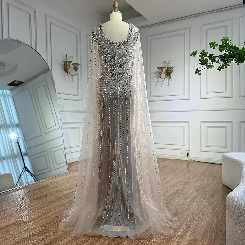 Luxury Arabic Nude Beaded Evening Dress with Cape Sleeves LA73181