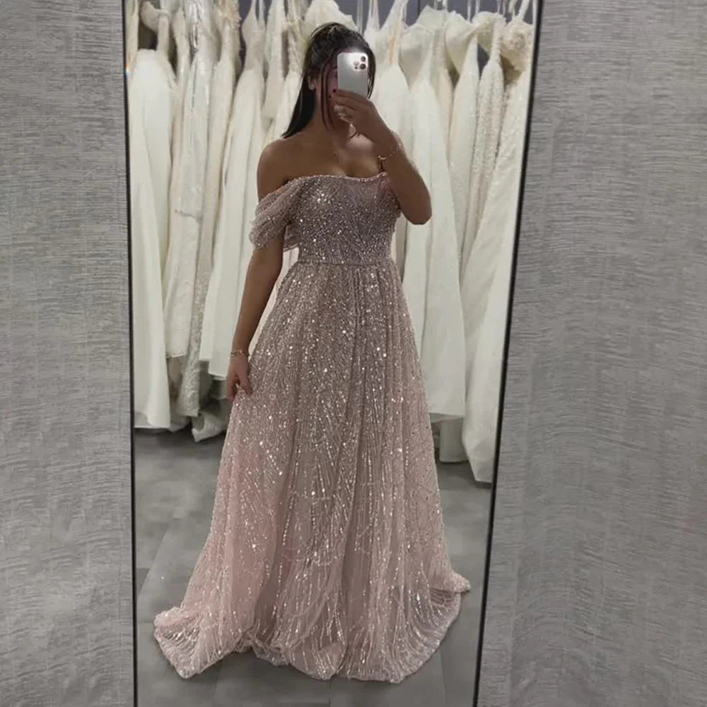 Luxury Nude Off Shoulder A-Line Evening Gown with Pearl Beading LA72738A