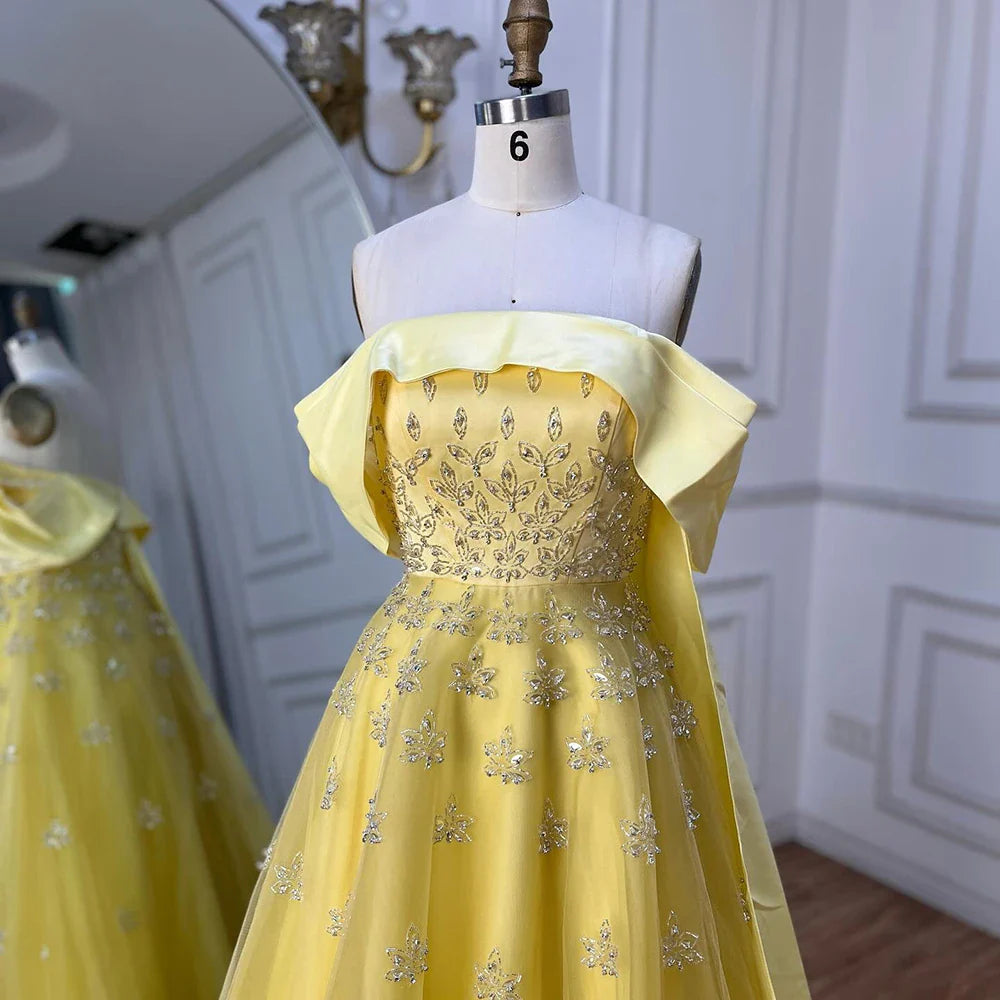 Luxury Dubai Arabic Yellow Elegant Boat Neck Long Evening Dress LA72531