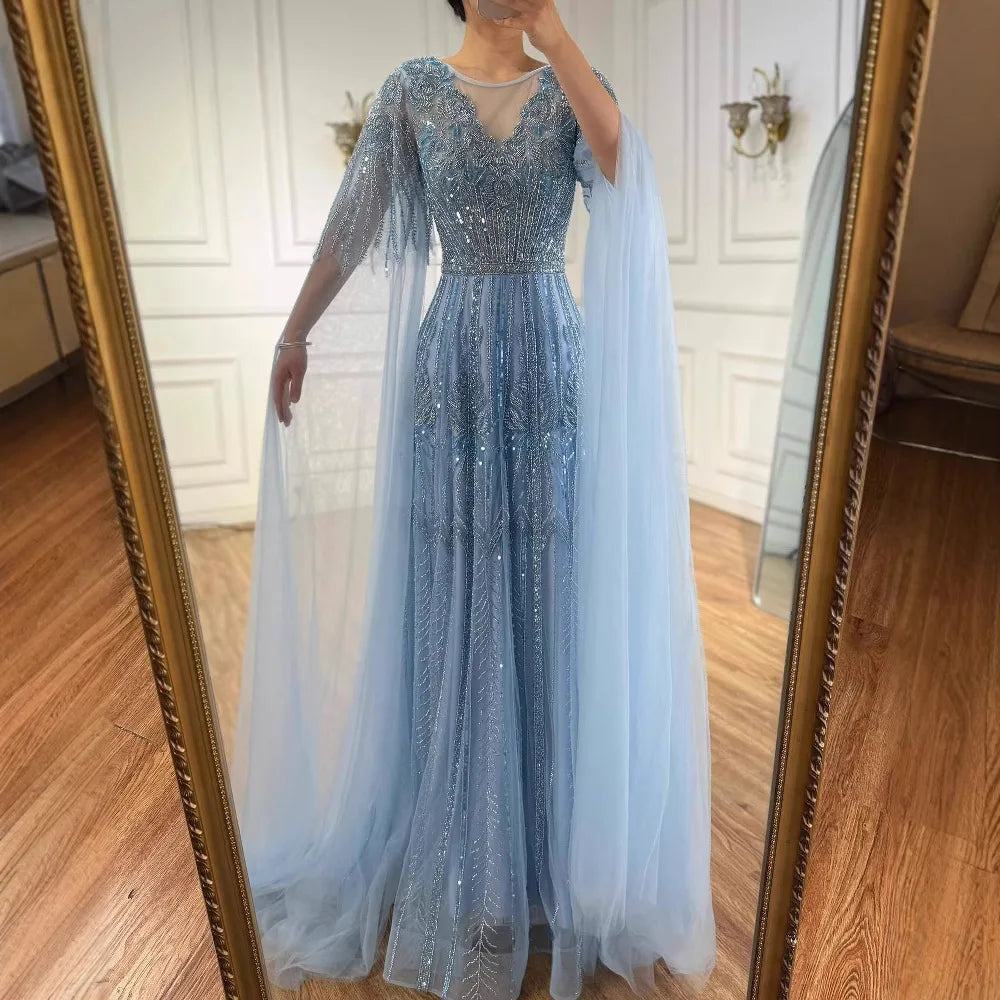 Rose Gold Beaded A-Line Evening Dress with Cape Sleeves LA73056