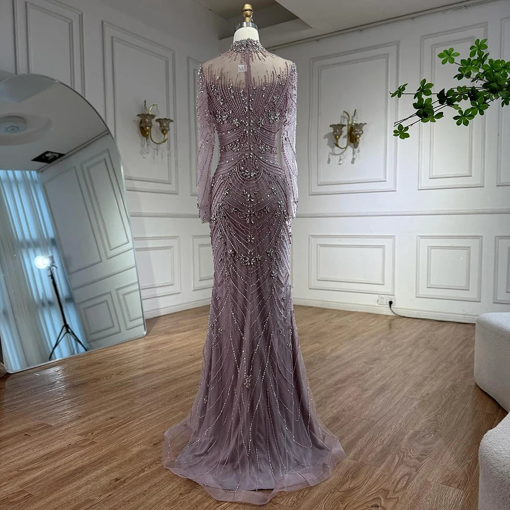 Luxury Pink Beaded Mermaid Evening Dress Long Sleeve LA73158