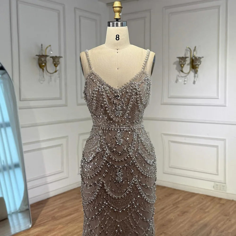 Nude Beaded Mermaid Evening Dress with Pearls LA72986A